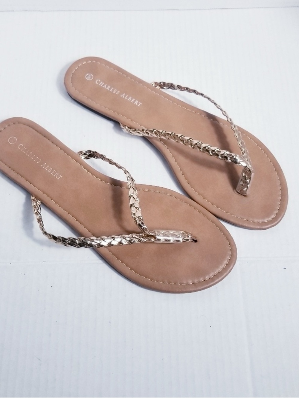 Charles Albert Tan Footbed Sandals with Metallic Gold Braided Straps